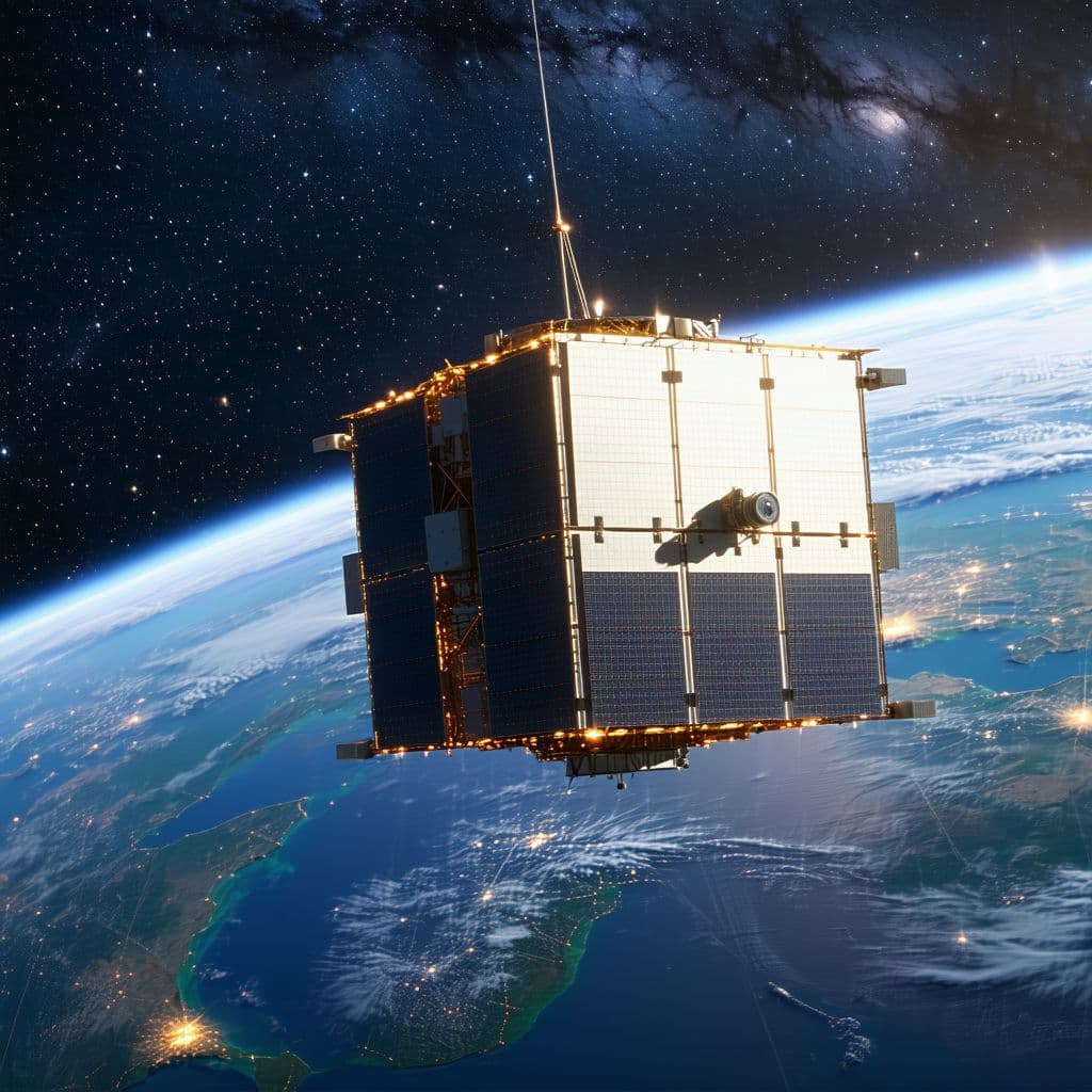 AI generated: Hyper realistic Shows a cube-shaped satellite in orbit transmitting data to a command center.