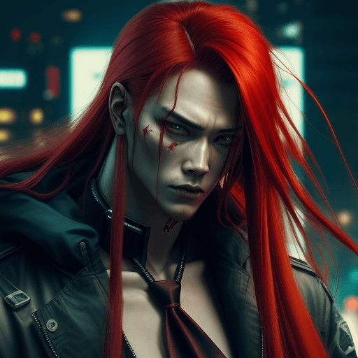 AI generated: Cyberpunk, Long Red tied Hair Man, Chinesse, 