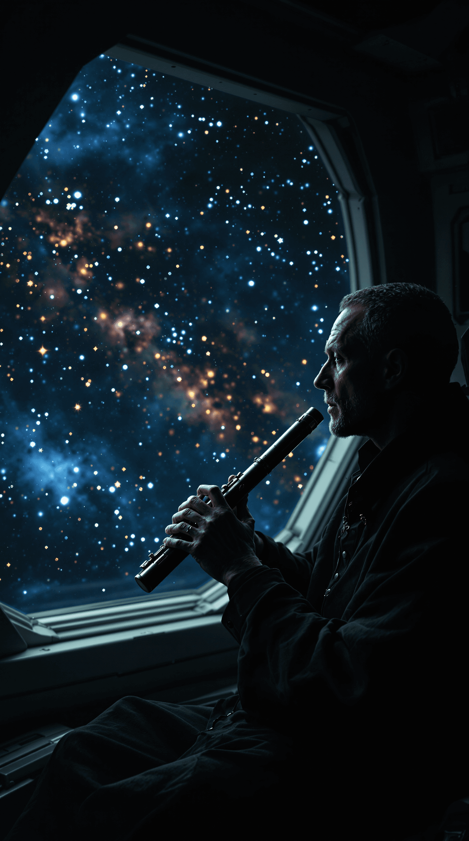 AI generated: A lone figure sits in the dim glow of a starship cabin, his silhouette framed by the vast, endless v...