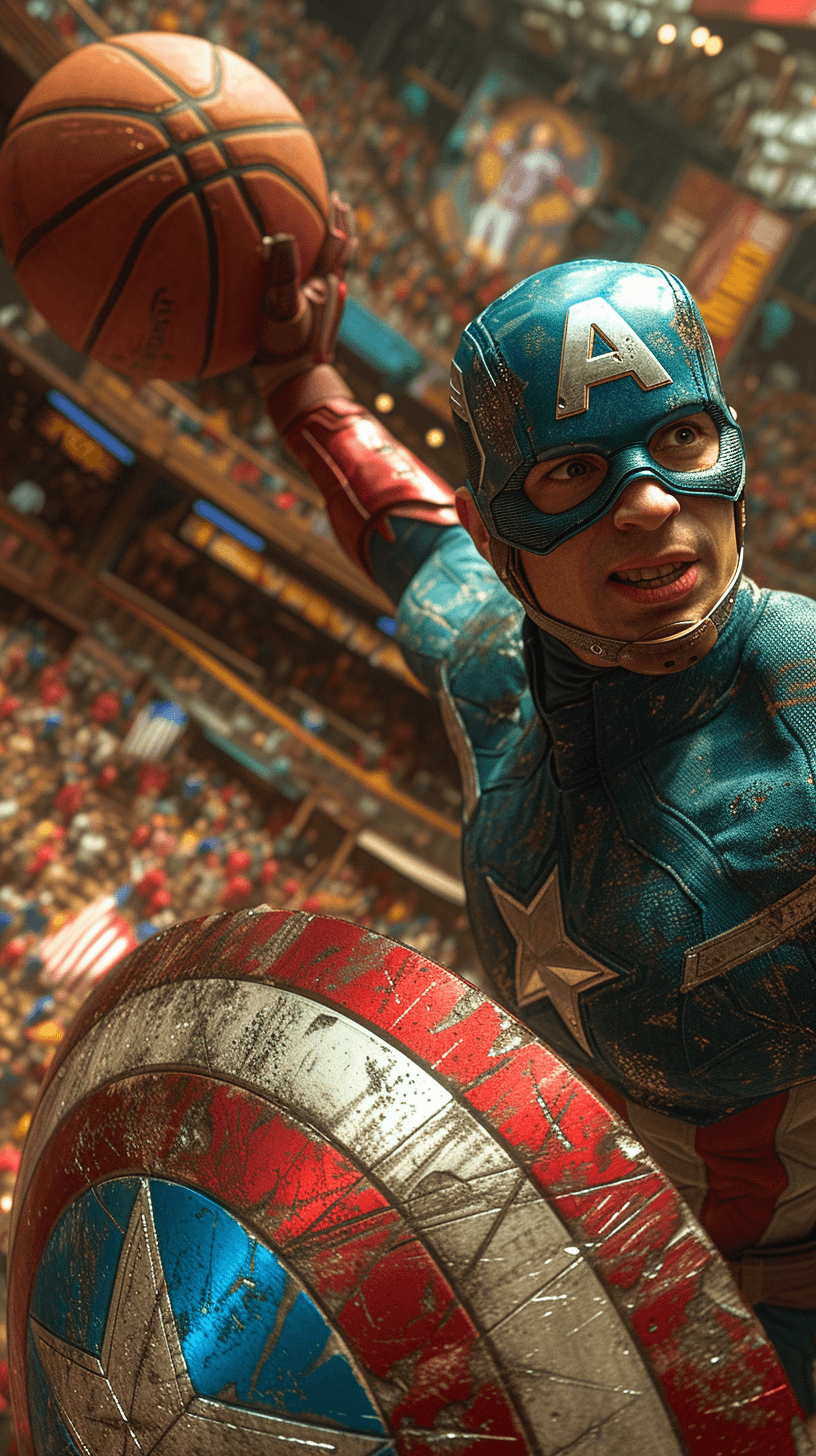 AI generated: captain america from marvel wearing the USA basketball uniform while doing a great dunk screaming, r...