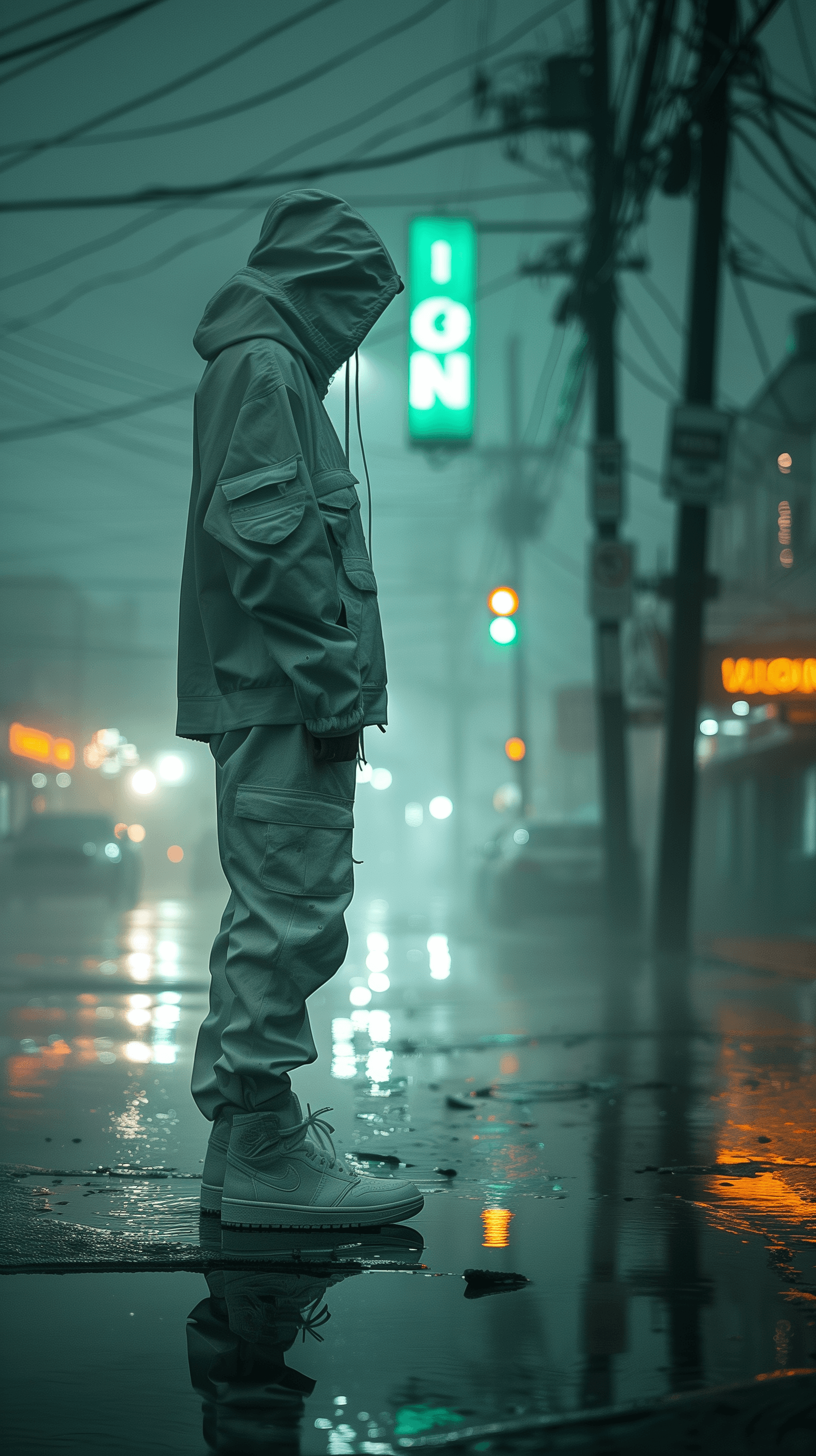 AI generated: photography, model dressed in an grey street wear with air jordan sneakers, positioned thoughtfully ...