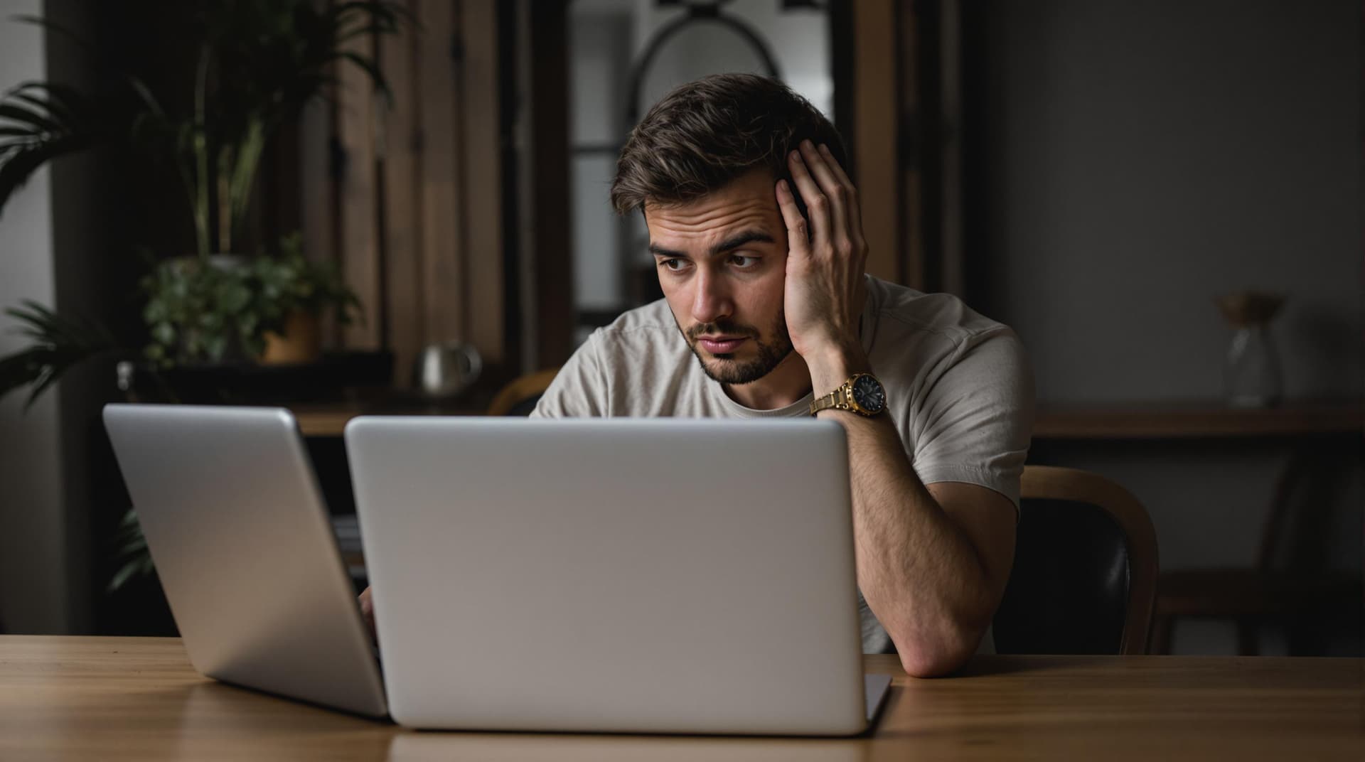 AI generated: alone man and sad with laptop