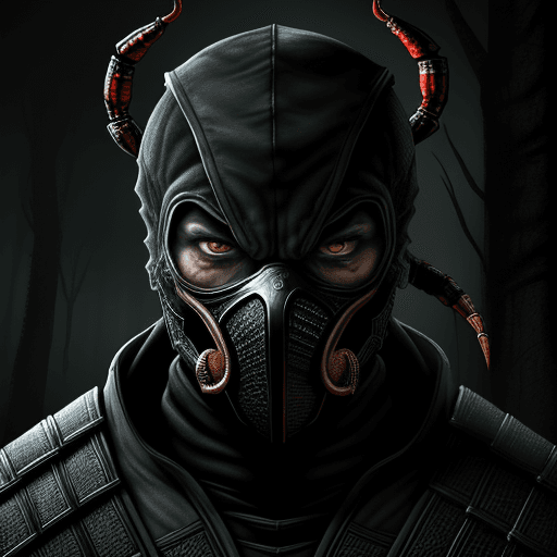 AI generated: Mortal Kombat Scorpion, white eyes, classic mask, movie 1995, comes out of the forest in the fog, at...