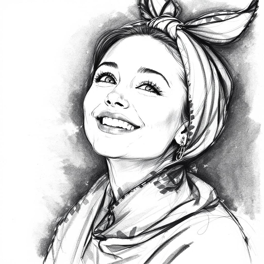 AI generated: Attractive woman, 30s, charcoal sketch, expressive, looking slightly up, wearing a little scarf on h...