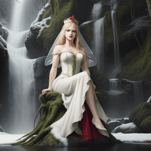 AI generated: photorealism. photoshoot. young woman, fairy queen, thick blonde hair, green eyes, red lips. athleti...