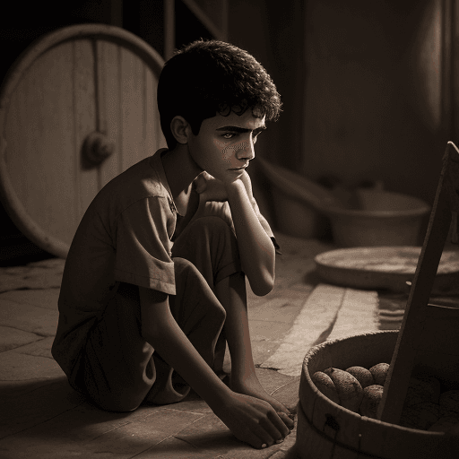 AI generated: a child names ali is 14 years old educated in the mill afraid of his mother hungry and miserable