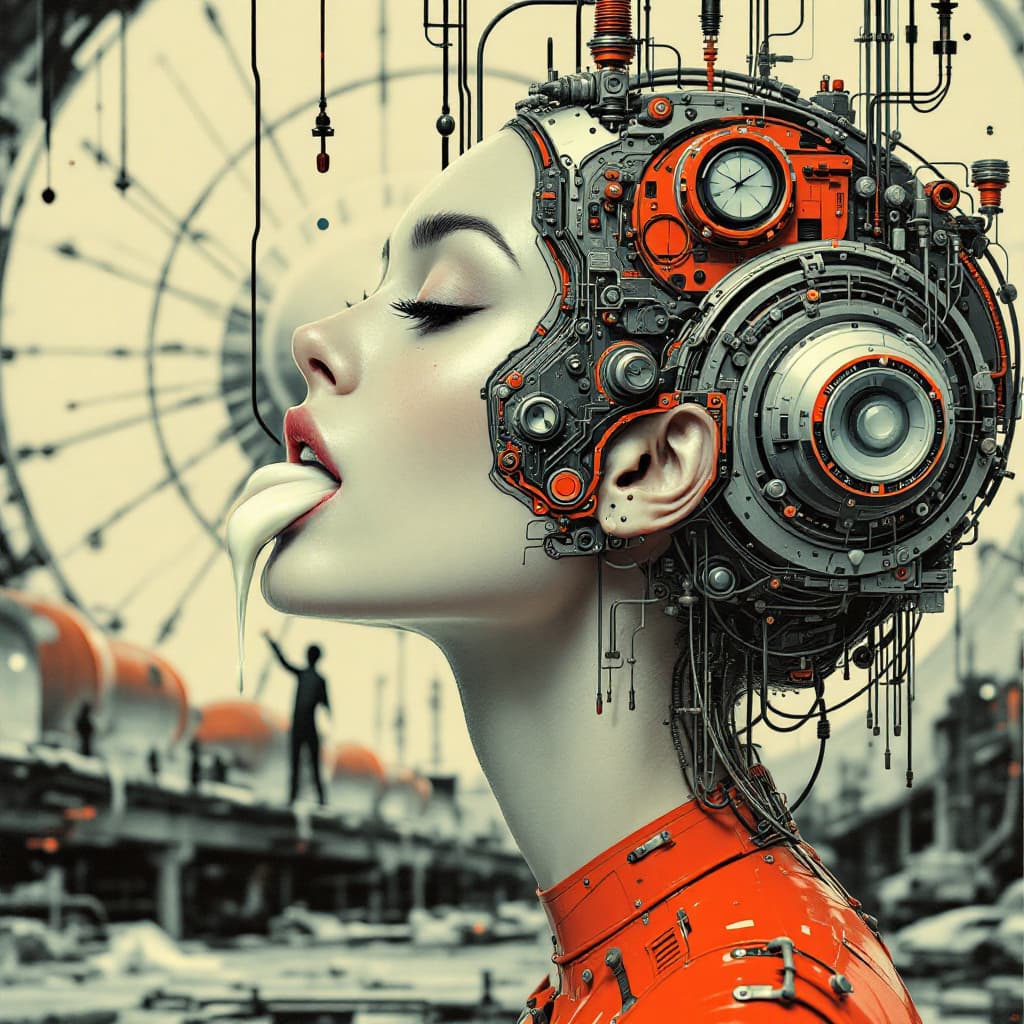 AI generated: A side view face of a beautiful European woman in the style of retro futuristic propaganda, her eyes...