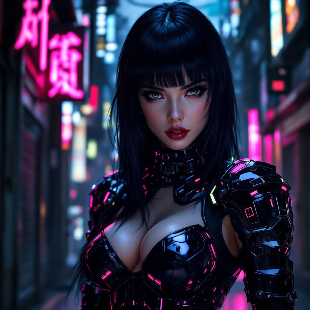 AI generated: A full body shot, beautiful European woman with black hair and bangs, in the style of Masamune Shiro...
