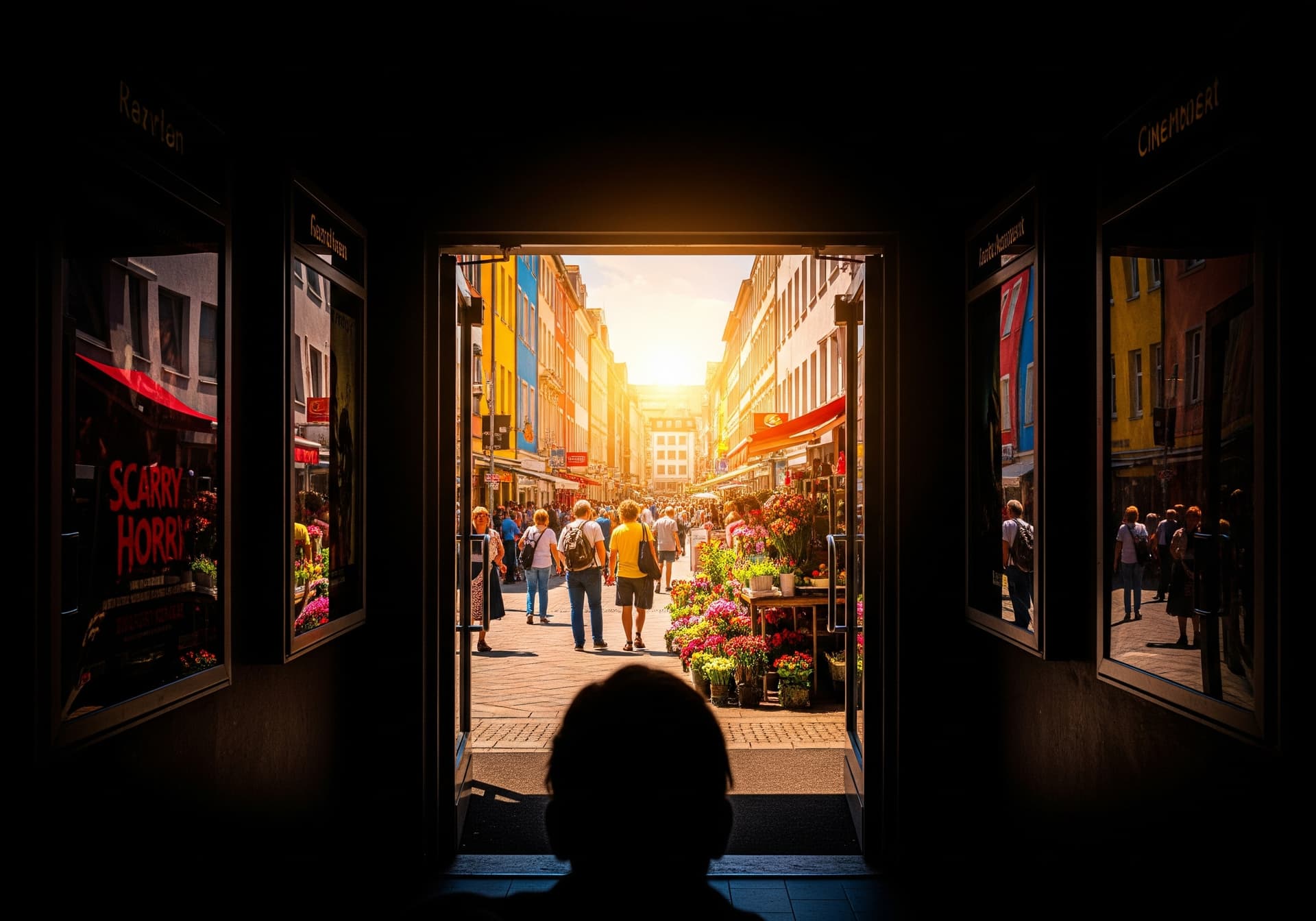 AI generated: A hyper-realistic, first-person POV shot from the perspective of someone stepping out of a dark cine...