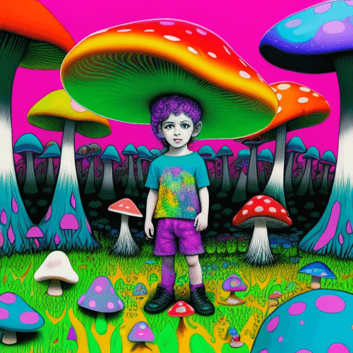 AI generated: pop surrealistic painting of a little boy in the middle of colourful mushroom forest, strong use of ...