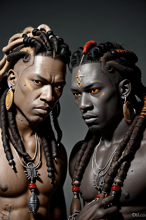 AI generated: Two male voodoo priests, dark complexion, up close to face and chest, sea shells and nails jewelry, ...