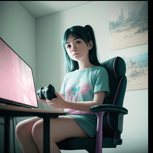AI generated: a Girl gamer sitting in her gamer chair, playing video games art by Rinko Kawauchi, in the style ofn...