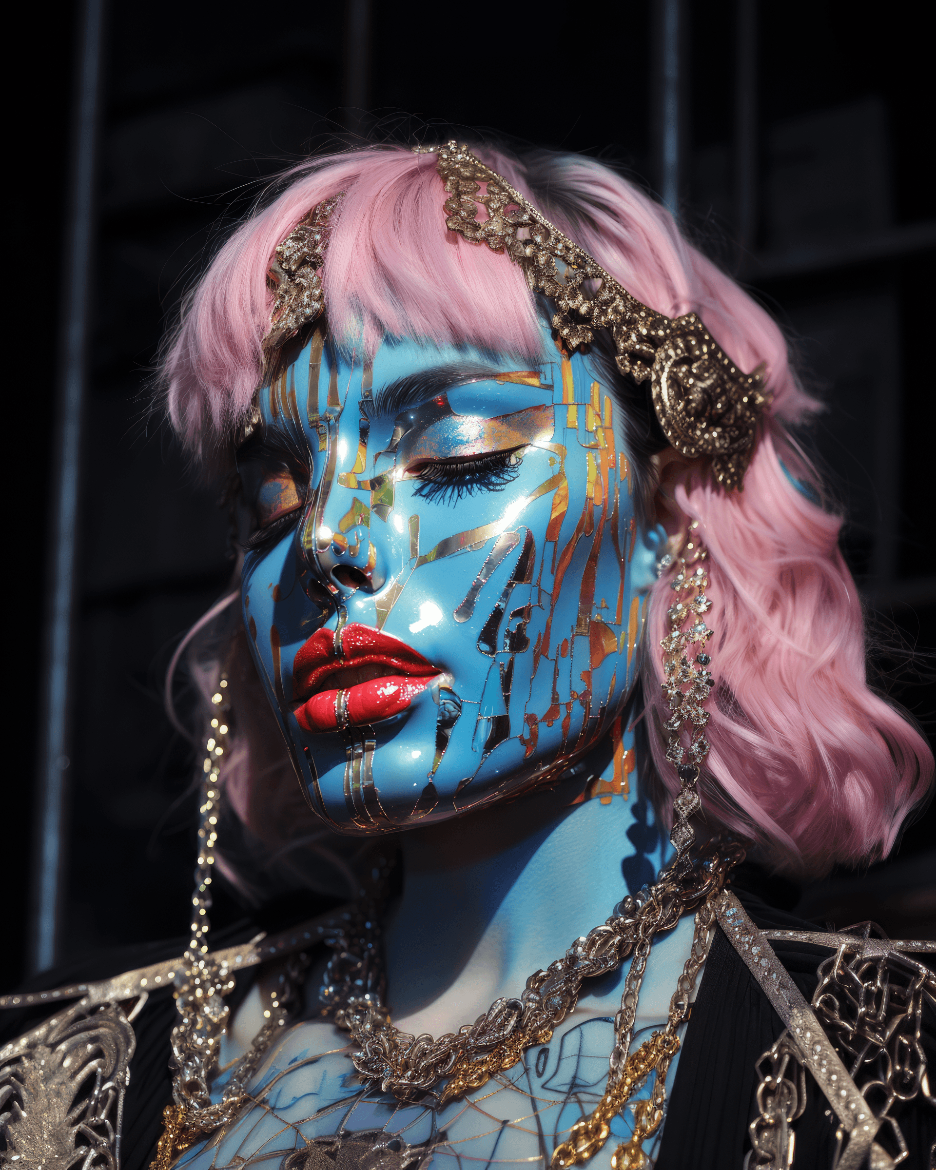 AI generated: a person in a metal suit with a chain, in the style of gum bichromate, camilla d'errico, light bronz...