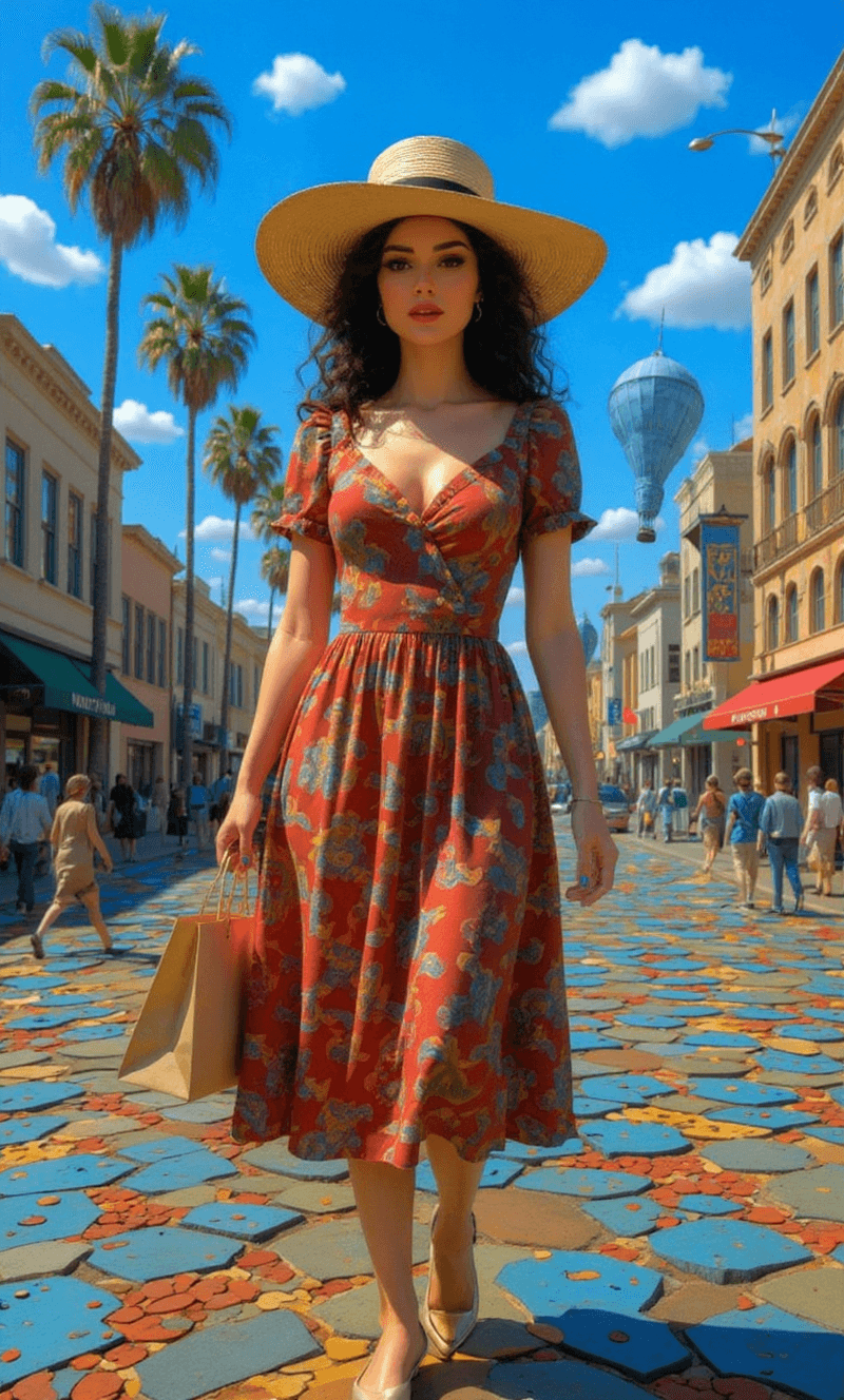AI generated: Surrealistic collage, midjourney style, pretty woman, elagant dress and hat, shopping in Hollywood 