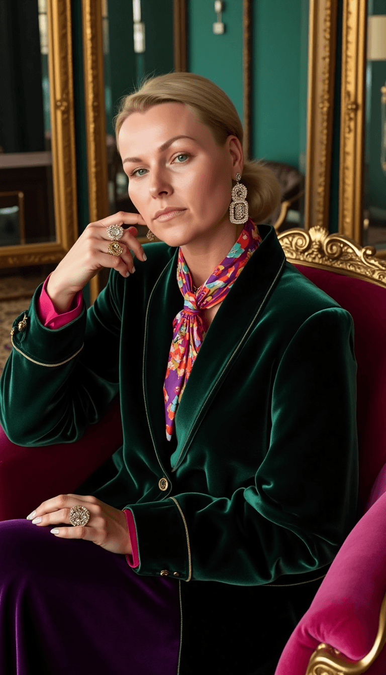 AI generated: High-fashion editorial side view portrait in iconic Gucci style. A woman with porcelain skin and a s...