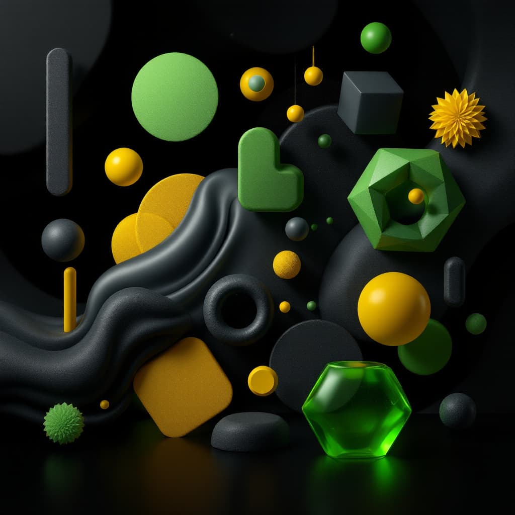 AI generated: 3D geometric shape composition, vivid green and yellow, dark grey colored, various sleek texture, tr...