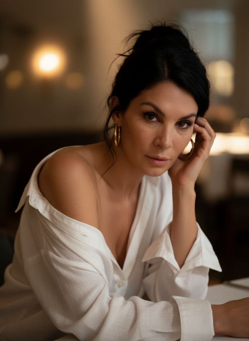 AI generated: Date night with a beautiful mature female instagram influencer. She has dark brown eyes, silky and s...