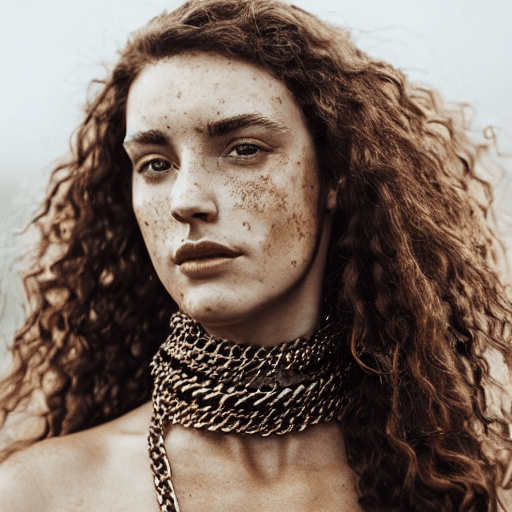 AI generated: portrait photo of an open and proud looking, beautiful model like Galician woman, long curly brown c...