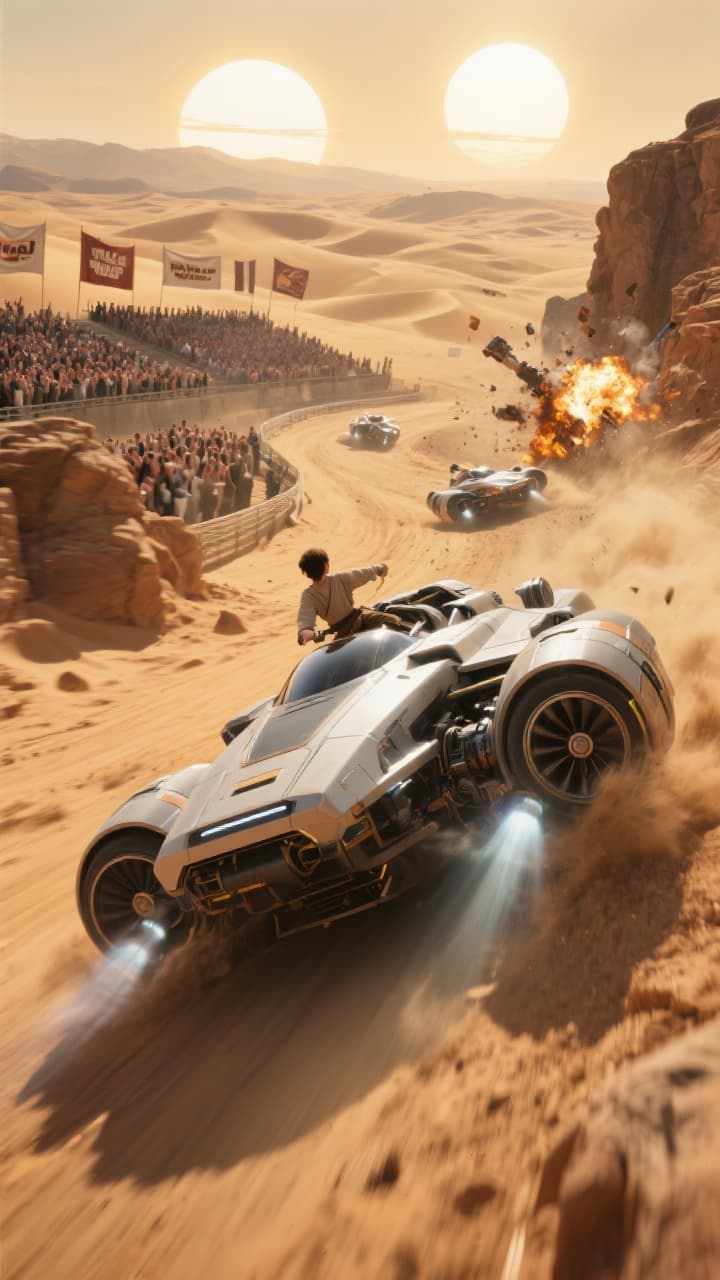AI generated: Ultra-cinematic recreation of the podracing scene from Star Wars Episode I: The Phantom Menace. A hi...