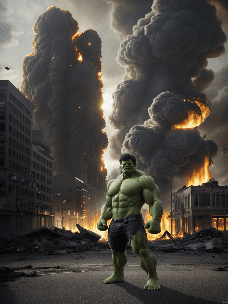 AI generated: Realism, toys photography, toys, Hulk, marvel, full body, full, background of destroyed city on fire...
