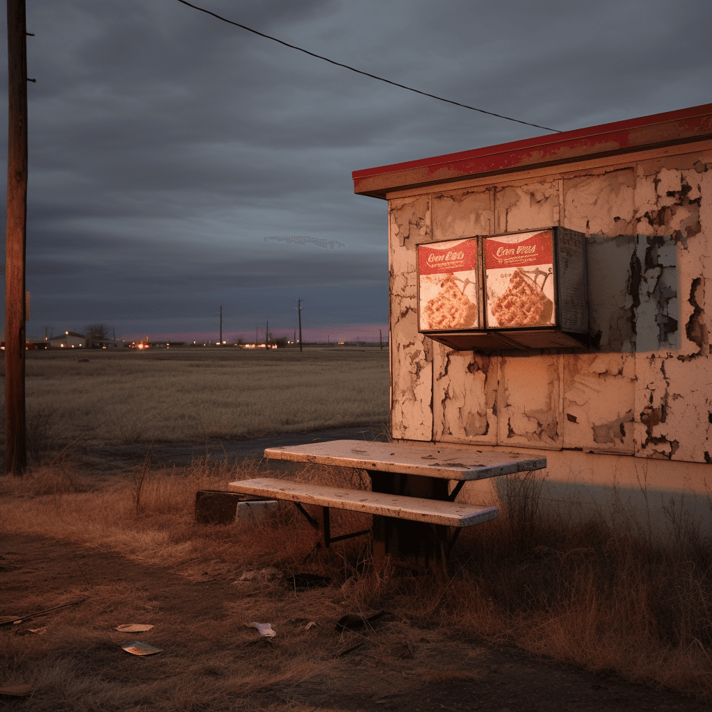 AI generated: a pizza box sits in a corner, in the style of prairiecore, dark and gritty, transavanguardia, surpri...