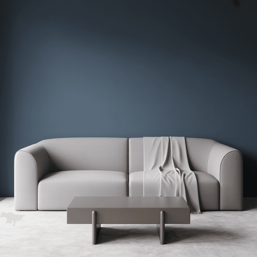AI generated: interior design photography of a minimalistic living room with smooth grey sofa with a white blanque...