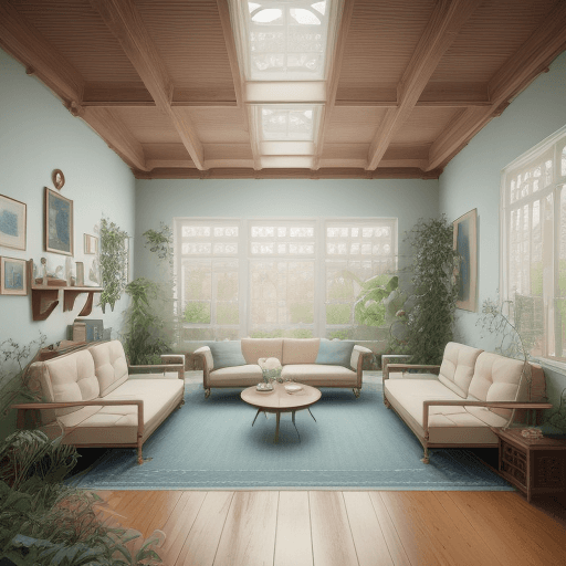 AI generated: High resolution photography interior design, dreamy sunken living room conversation pit, wooden floo...
