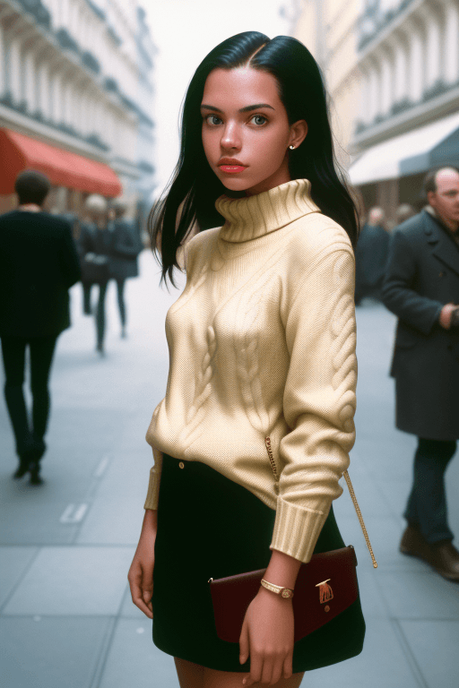 AI generated: street style photo of a young woman wearing a Ralph Lauren sweater, natural lighting, soho, shot on ...