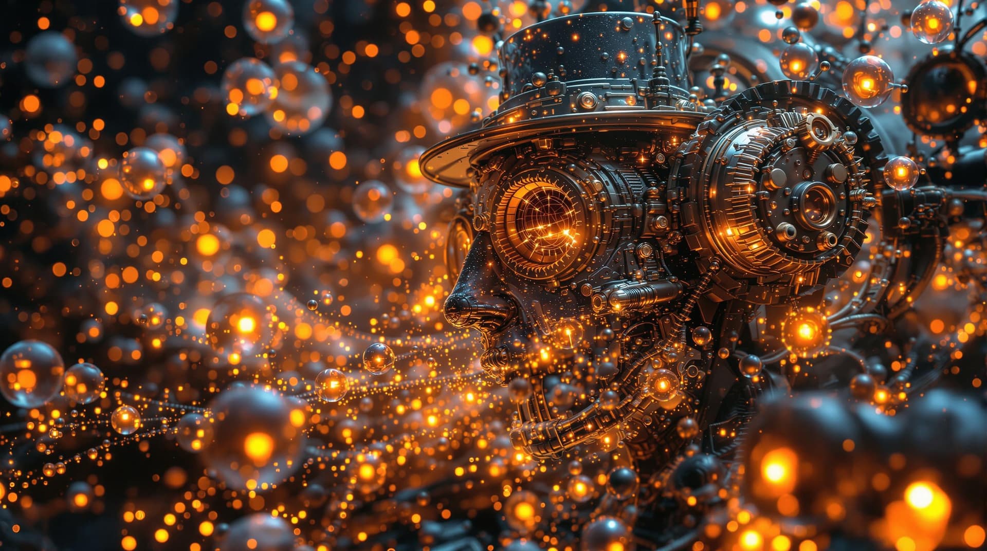 AI generated: multiple steampunks being teleported to the future, in   collums of glowing  translucent  micro mole...