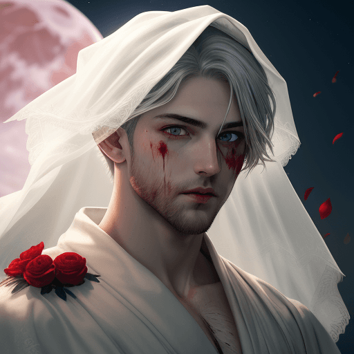 AI generated: Strong male, green eyes, short silver hair, white robe, fov, f/1.8, masterpiece, (veil, mouth veil),...