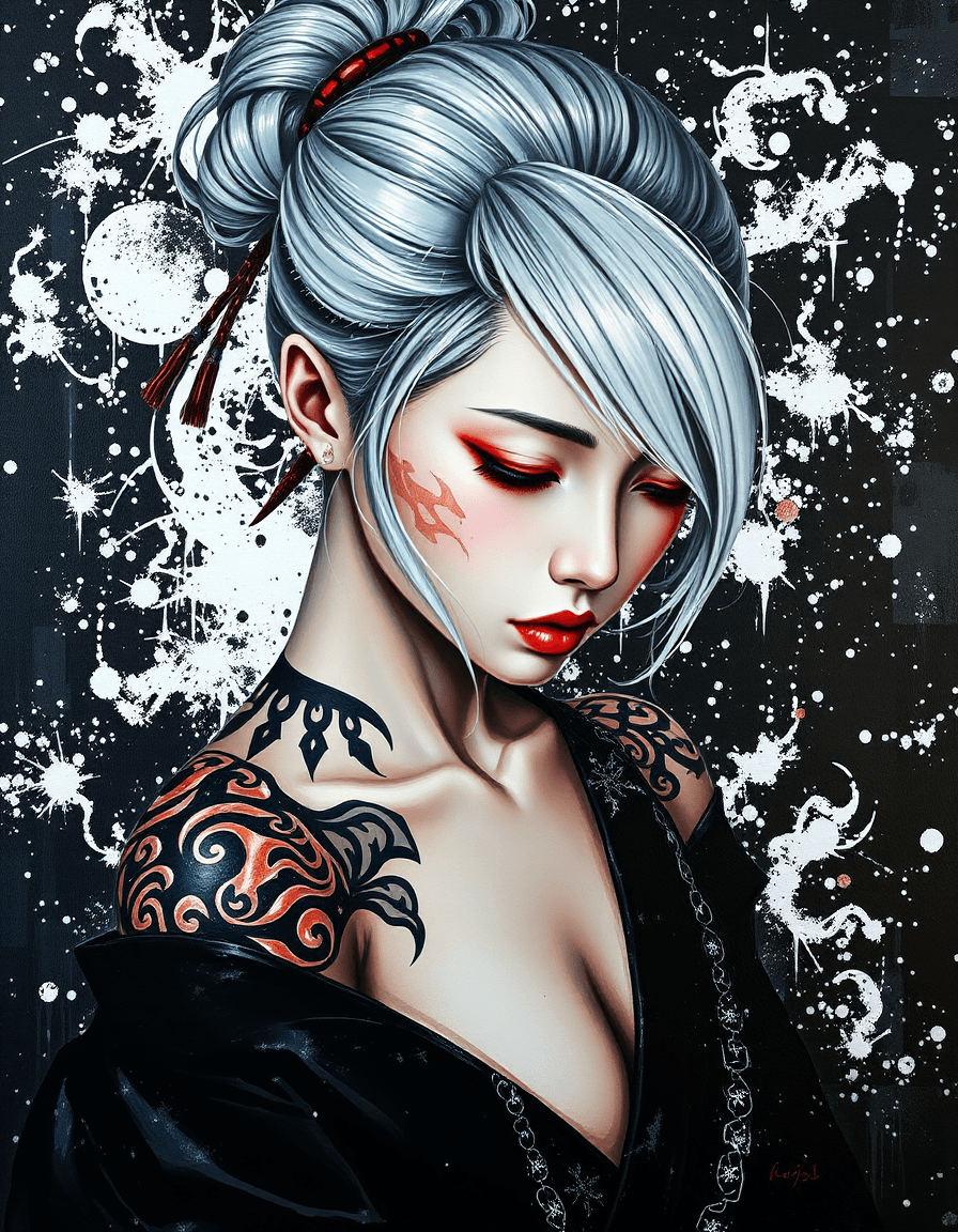 AI generated: A mesmerizing, dark fantasy-inspired 3D render oil painting of a captivating young Japanese woman wi...