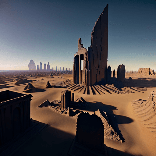 AI generated: Desert landscape, ruins of an advanced city on the left and right, colossal black tall elongated thi...