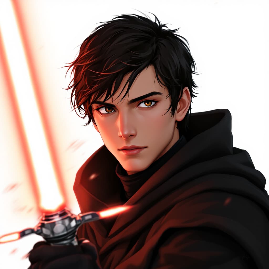 AI generated: 1boy, male focus,short hair,black hair,detailed eyes,brown eyes,star wars,kylo ren,wearing black rob...
