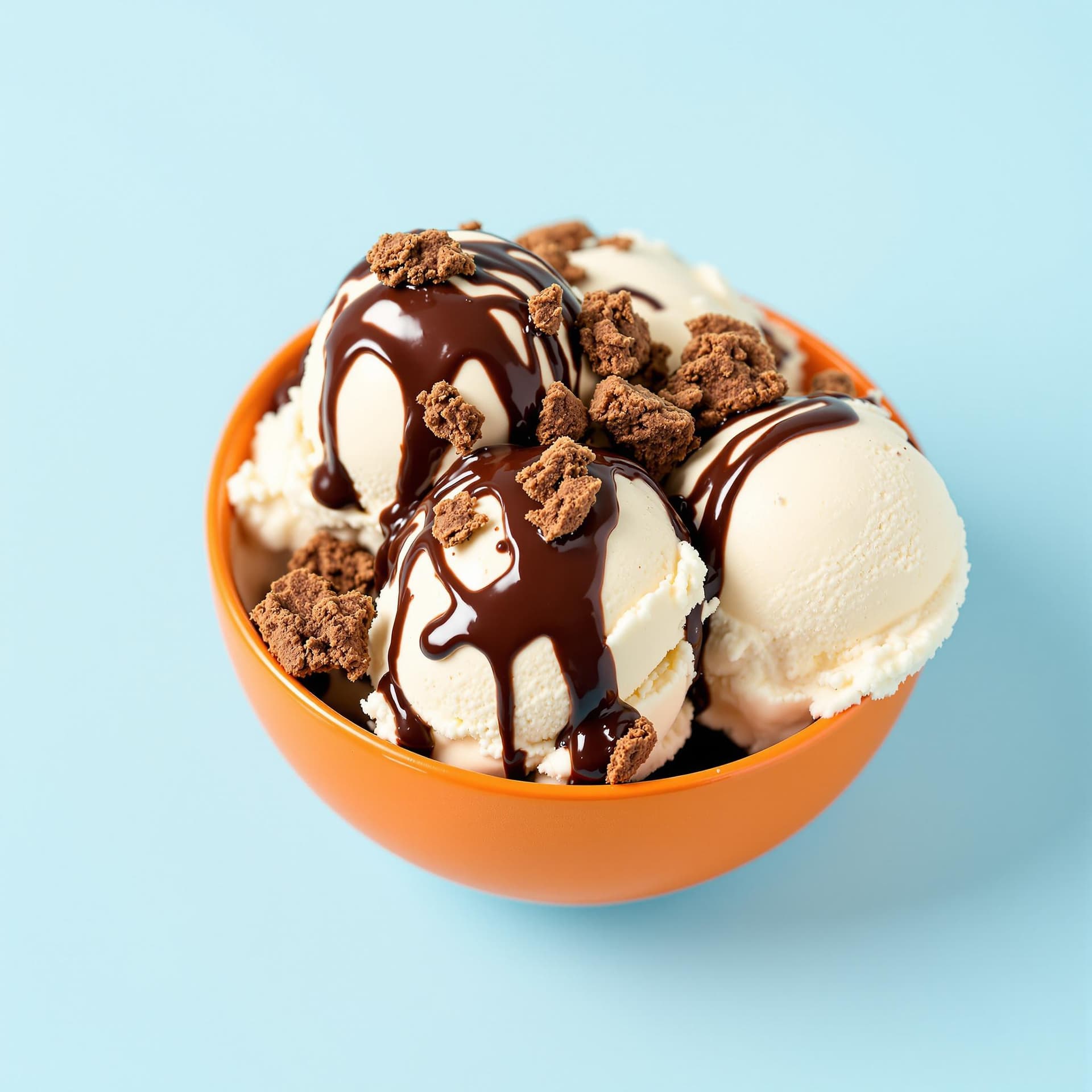 AI generated: The image prominently features a bowl of ice cream, vividly showcased on a plain, light blue backgro...