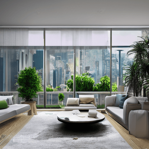 AI generated: hanging gardens, high resolution concept art of an apartment living room overlooking a large futuris...