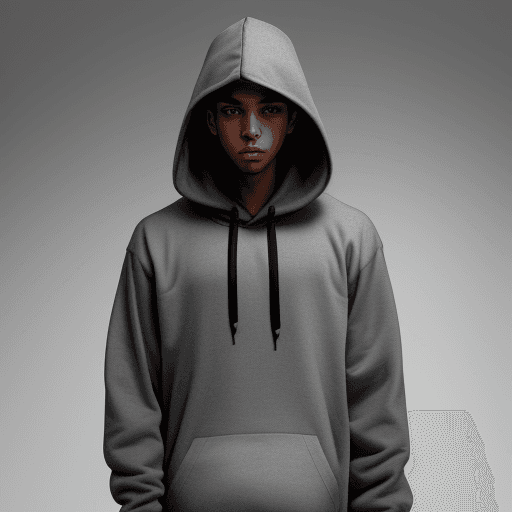 AI generated: front view, capture a urban style, Hoodie, technical materials, fabric small point label on text 'Gr...