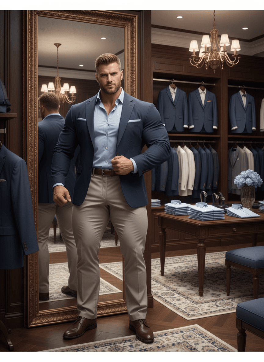 AI generated: At a very luxurious men's clothing store, the bodybuilder is white male, 6 feet 4 inches tall, he ha...