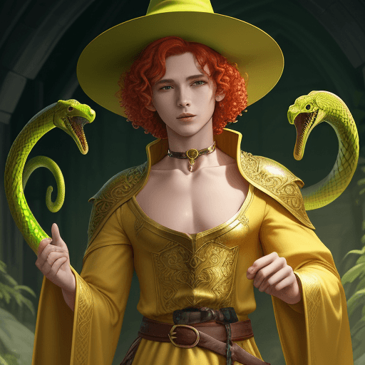AI generated: fantasy, cleric of hesinde, short red hair, curls, male, yellow green robe, yellow green hat, gold s...