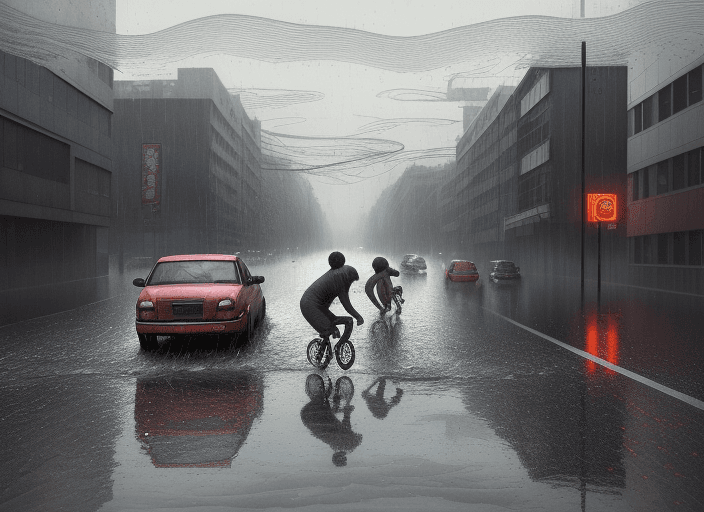 AI generated: Water accumulates on the asphalt road after heavy rain. Water splashing as a cars wheel on water acc...