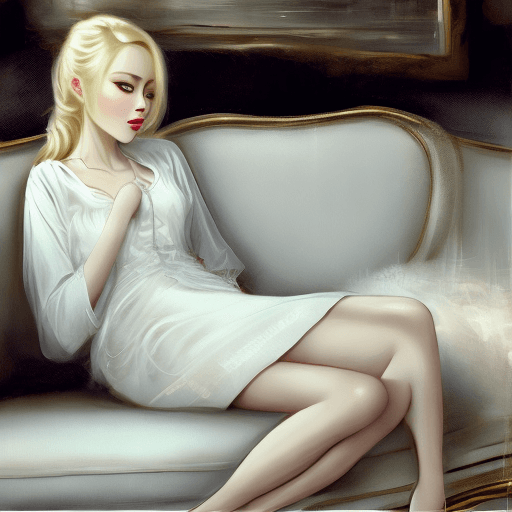 AI generated: beautiful blonde woman wearing white sitting on a couch, in the style of oshare kei, nostalgic charm...