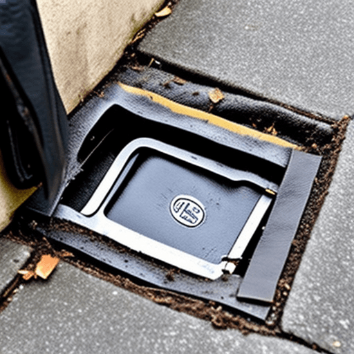 AI generated: A street drain containing a open leather wallet with no cash or credit cards inside