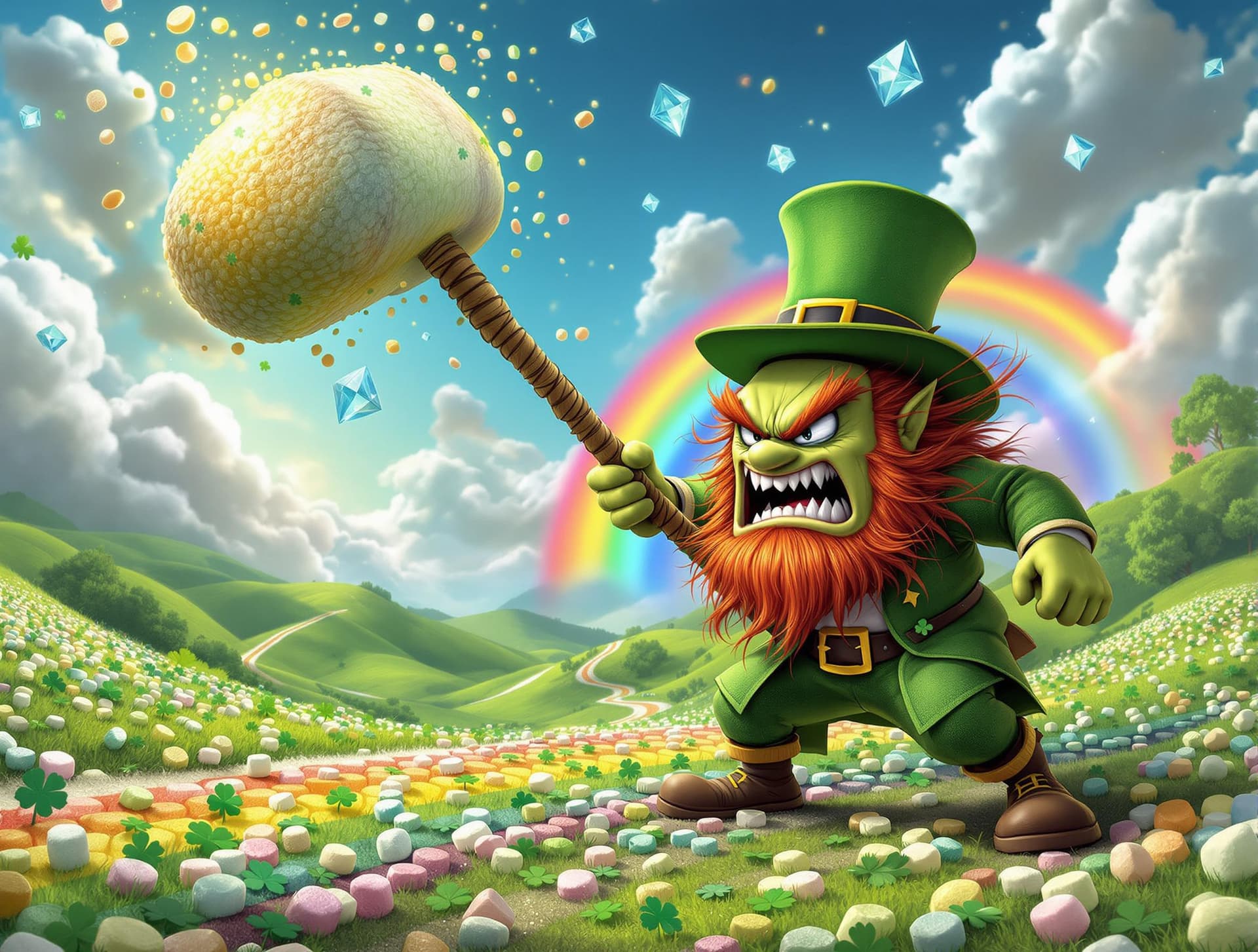 AI generated: Angry leprechaun shaking his huge, oversized shillelagh with a bulbous tip, he has Irish Red Hair an...