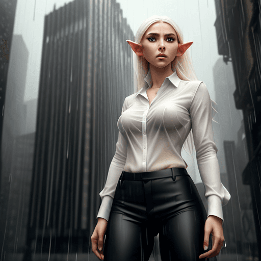 AI generated: A realistic looking female elf in white shirt and black pants in a modern world that is raining and ...