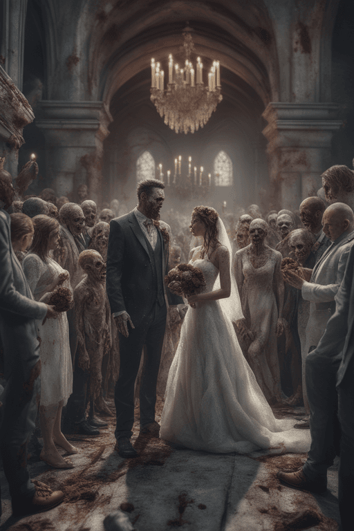 AI generated: A zombie Wedding, Wedding ceremony in front of an unholy altar, bride, groom, priest, guests    ,all...