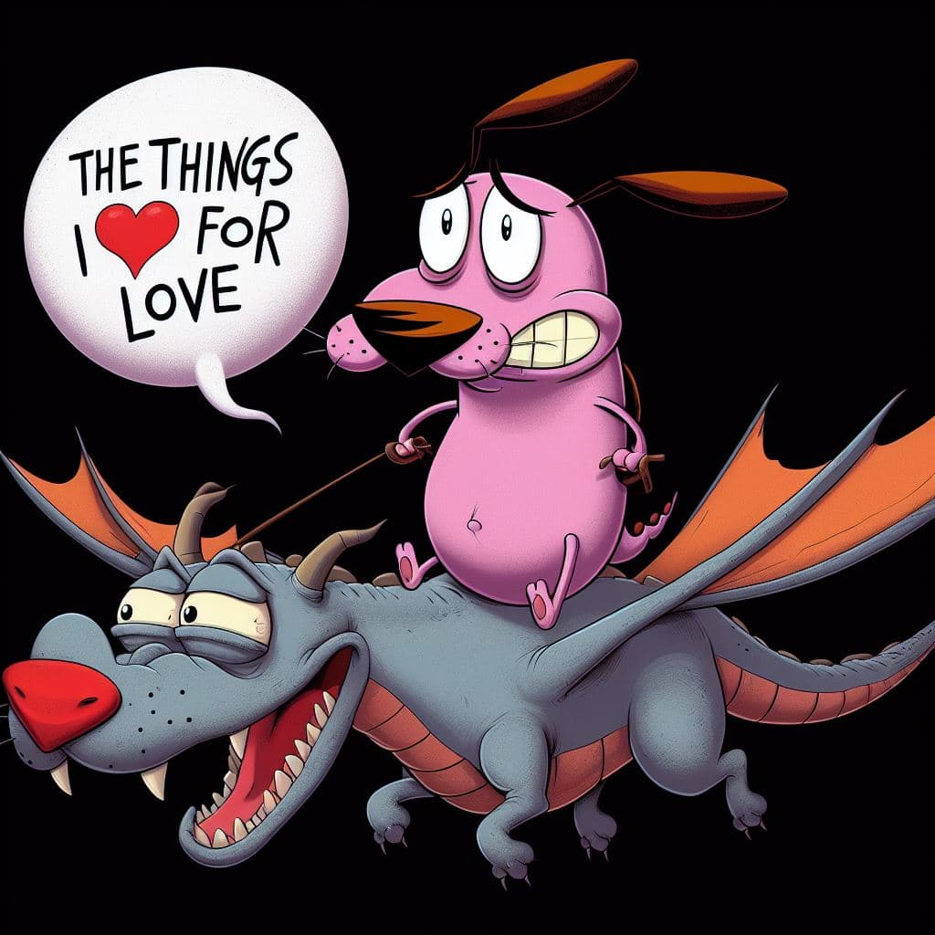 AI generated: Courage the Cowardly Dog riding a dragon with a bubble quote "THE THINGS I DO FOR LOVE" in the exact...