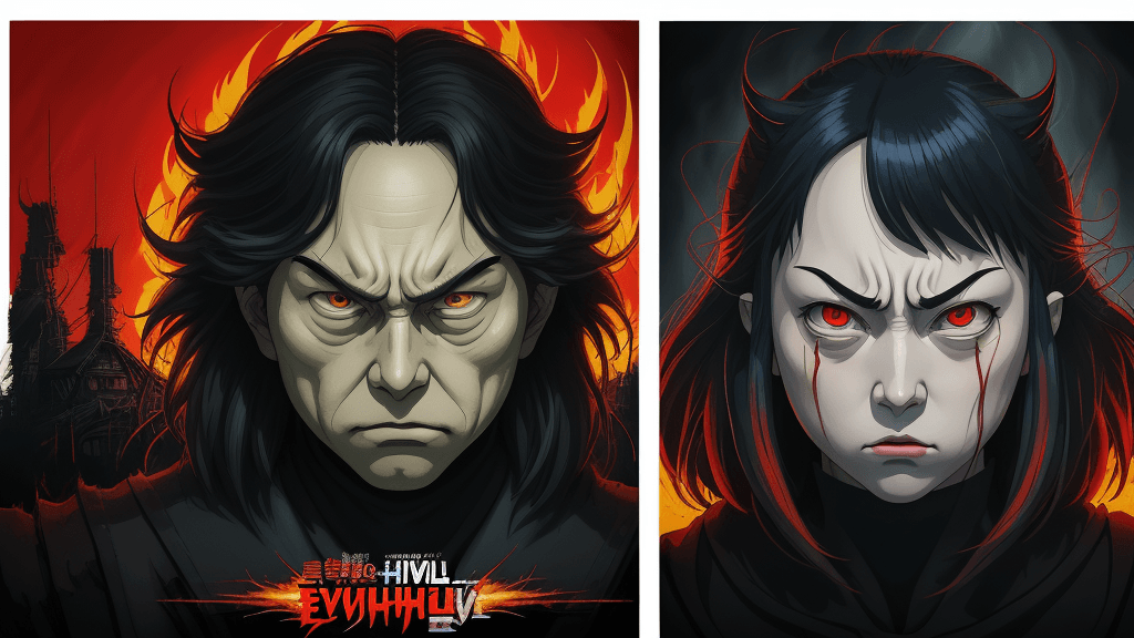 AI generated:  Studio Ghibli type. A wide angle 16k poster with of evil ghibli flash  in a killing spree, extremel...