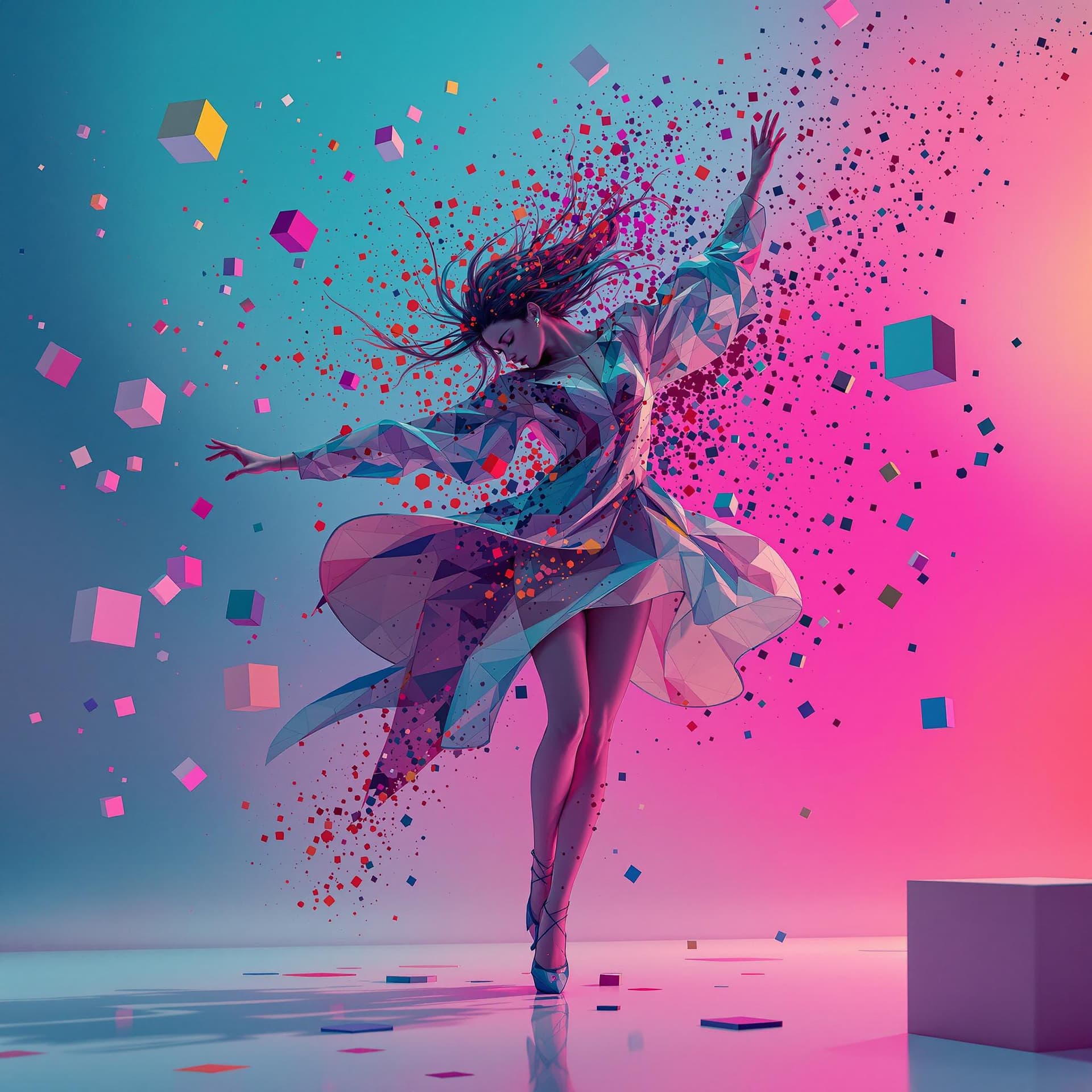 AI generated: minimalistic electro music album cover, perfect cubes, hyper detailsabstract dancing girl, colorful,...