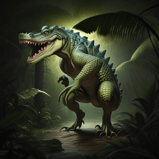 AI generated: Hyper realistic photo of crocodile monster, stand on two leg, in the jungle, at night