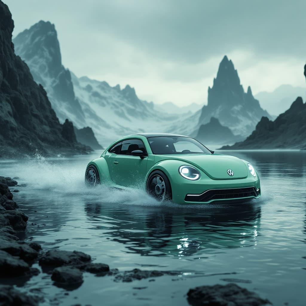 AI generated: Volkswagen New Beetle ,light green car driving through water, in the style of futuristic spacecraft ...