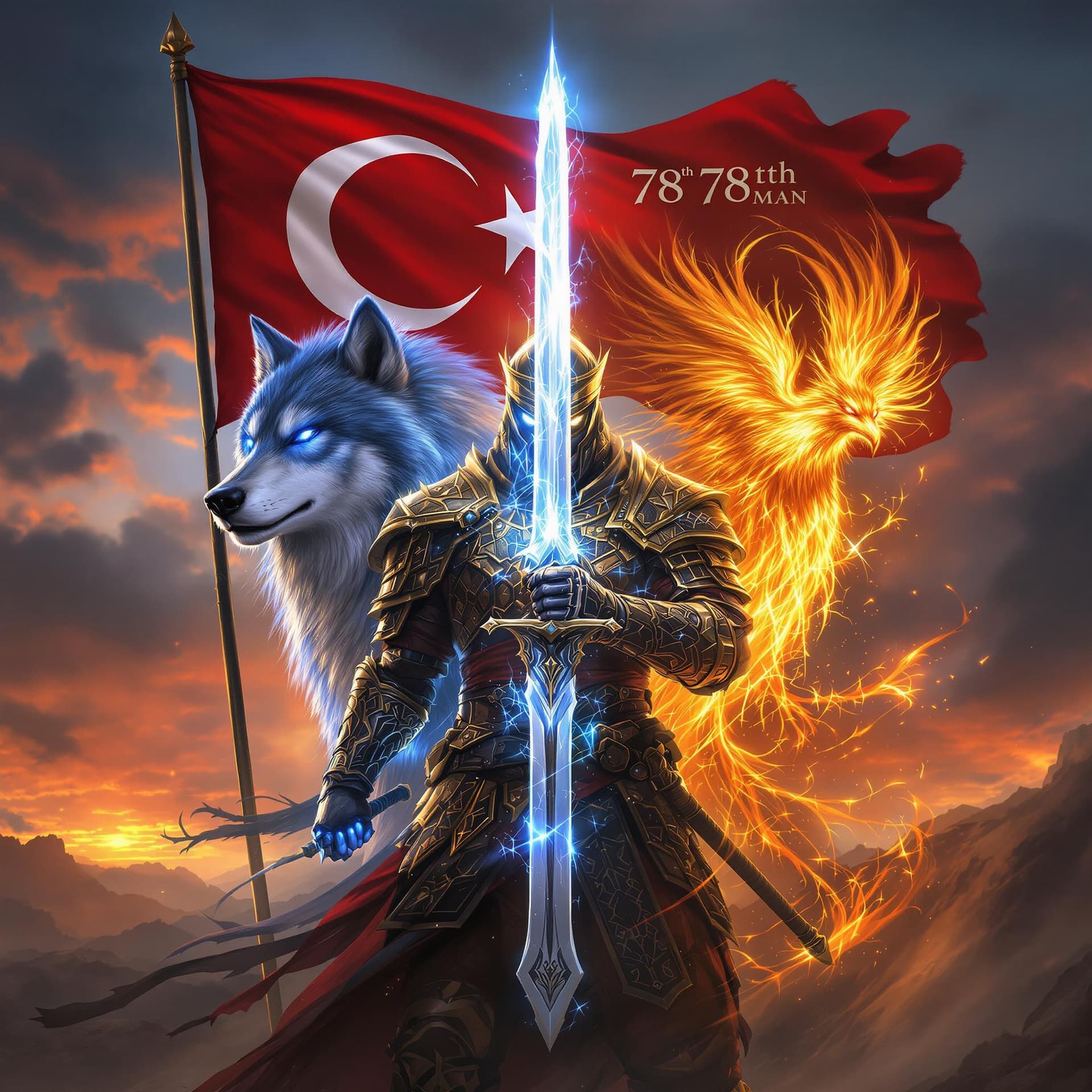 AI generated: A fierce warrior clad in traditional armor inspired by ancient Turkish mythology, holding a sword gl...